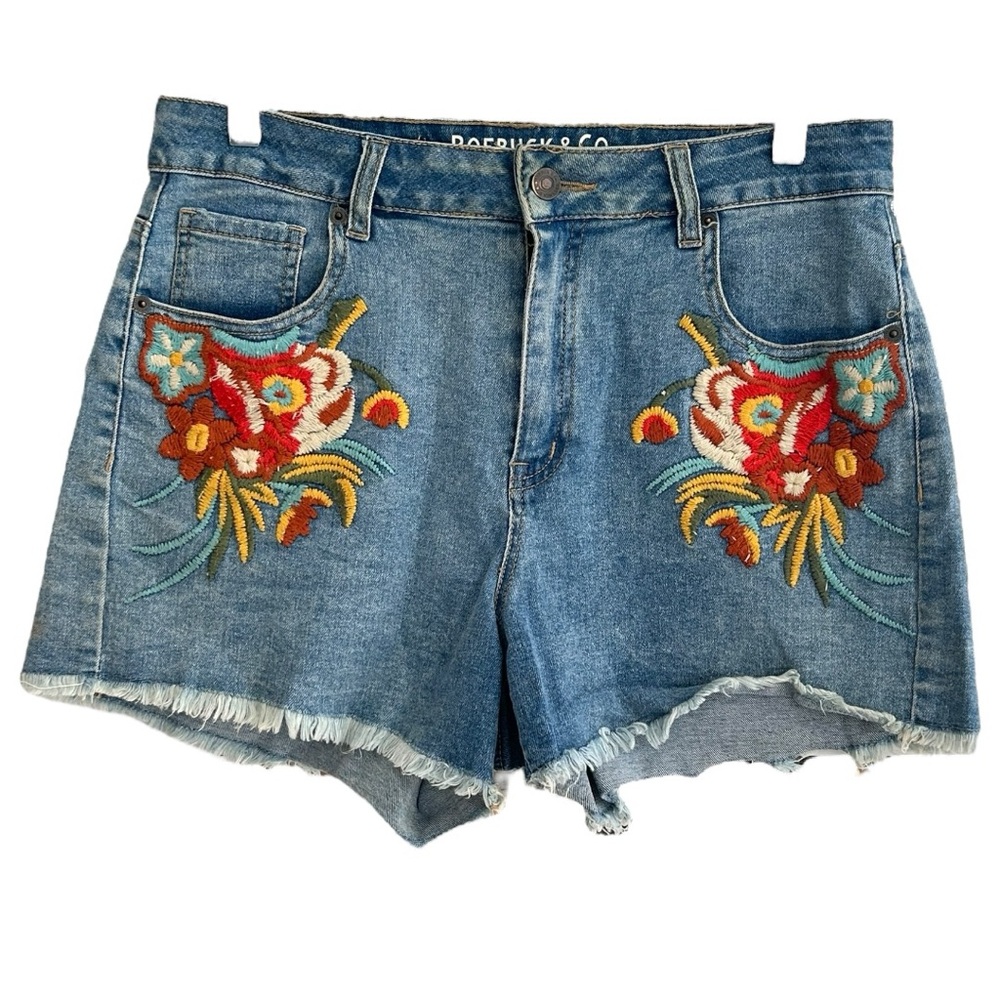 Roebuck & Co Women’s Embroidered High Rise Boho Raw Hem Jean Shorts  Sz 10‎